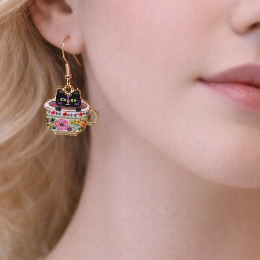 Cat in a Teacup Dangle Earrings – Floral Enamel Charm, Gold-Tone Hooks
